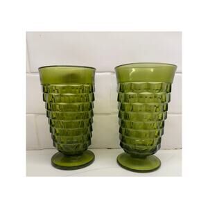 Vintage Glass Green Indiana Colony Whitehall Glass Footed Goblet 6" Set of 2
